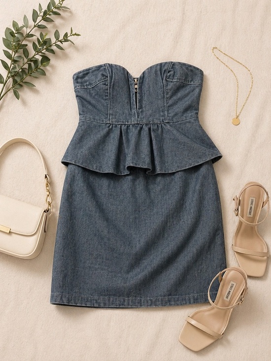 Aryn K Dresses & Skirts - Aryn K Strapless Denim Peplum Dress Mini | Bustier Fit Chic | M |